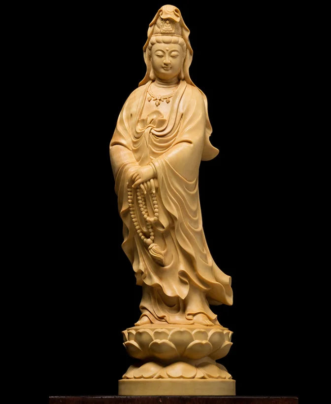 ATELIER-TIBET Statue Japonaise Guan Yin en Bois Massif | Sculpture Zen Compassion & Sérénité