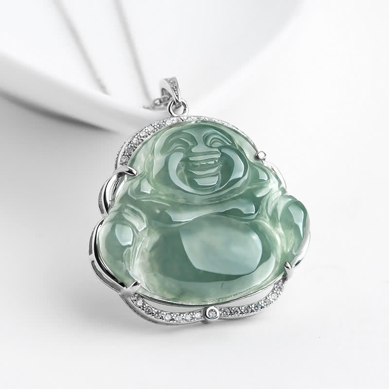 ATELIER-TIBET Collier Bouddha en Jade & Argent 925 – 45 cm (36×31 mm)