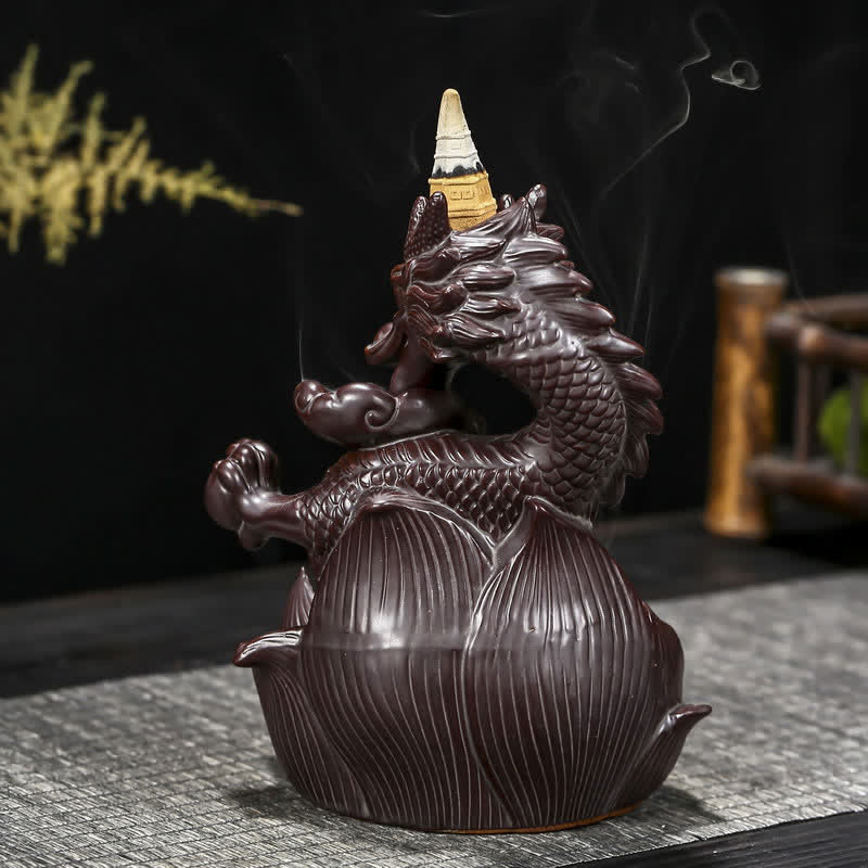 ATELIER-TIBET Brûleur d'encens en céramique à motif de dragon et de lotus