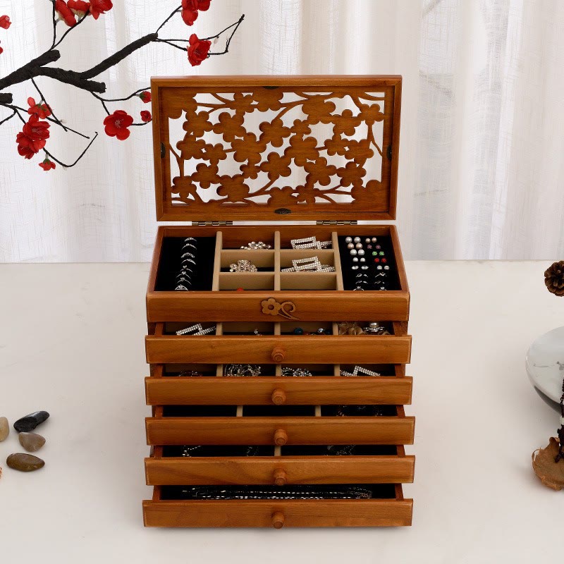ATELIER-TIBET Boîte à bijoux en bois sculpté à six niveaux avec Buddha Stones et fleur de prunier vintage
