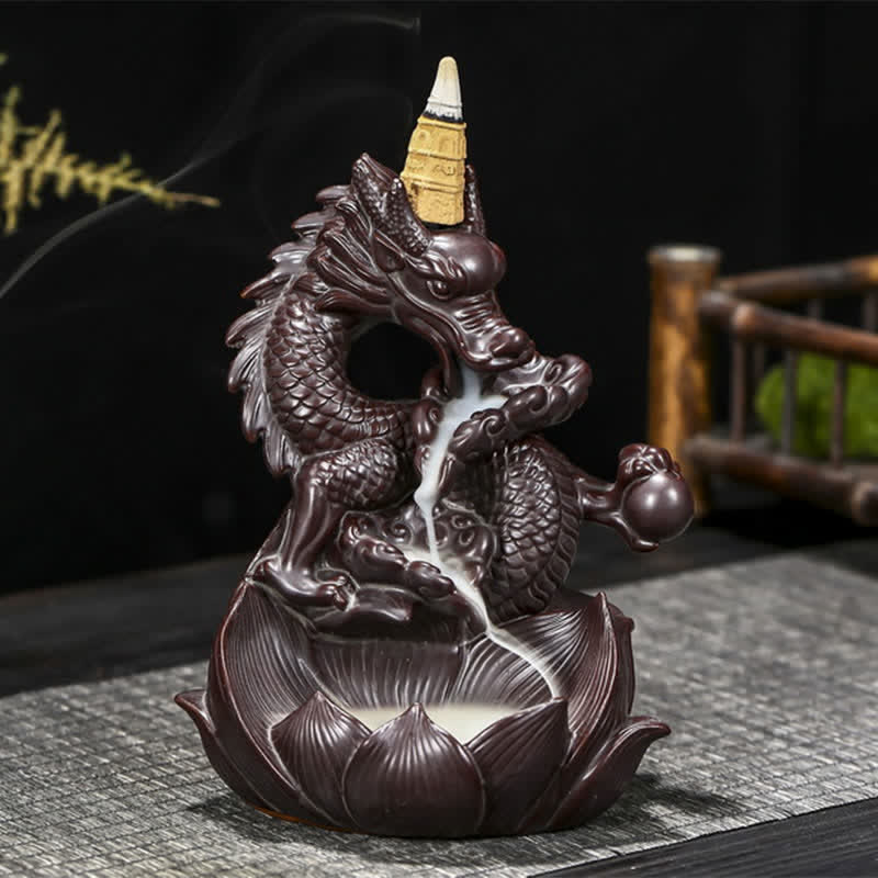 ATELIER-TIBET Brûleur d'encens en céramique à motif de dragon et de lotus