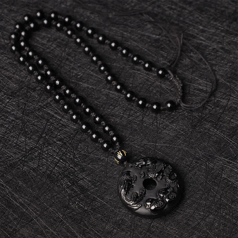ATELIER-TIBET – Collier Dragon & Phénix en Obsidienne Noire Naturelle