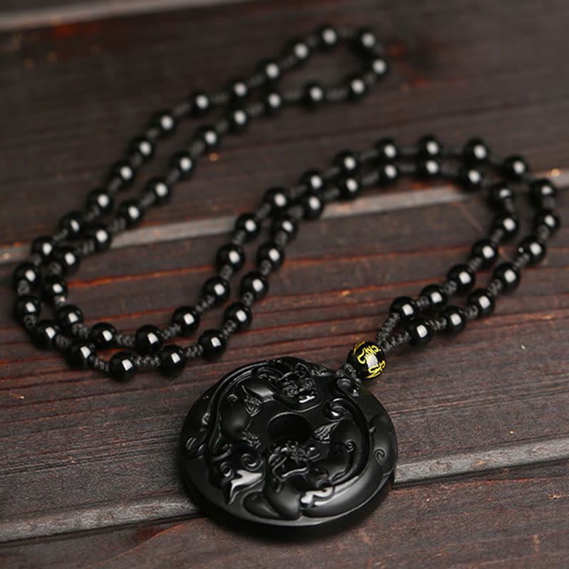 ATELIER-TIBET – Collier Pixiu & Boucle de Paix en Obsidienne Noire Naturelle