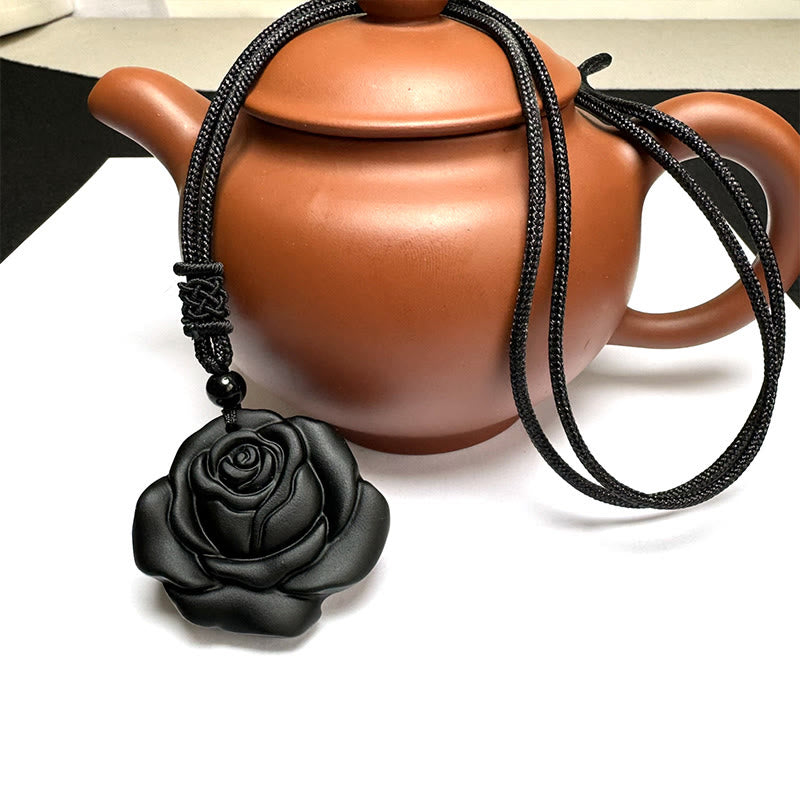ATELIER-TIBET – Collier Pendentif Rose en Obsidienne Noire Naturelle