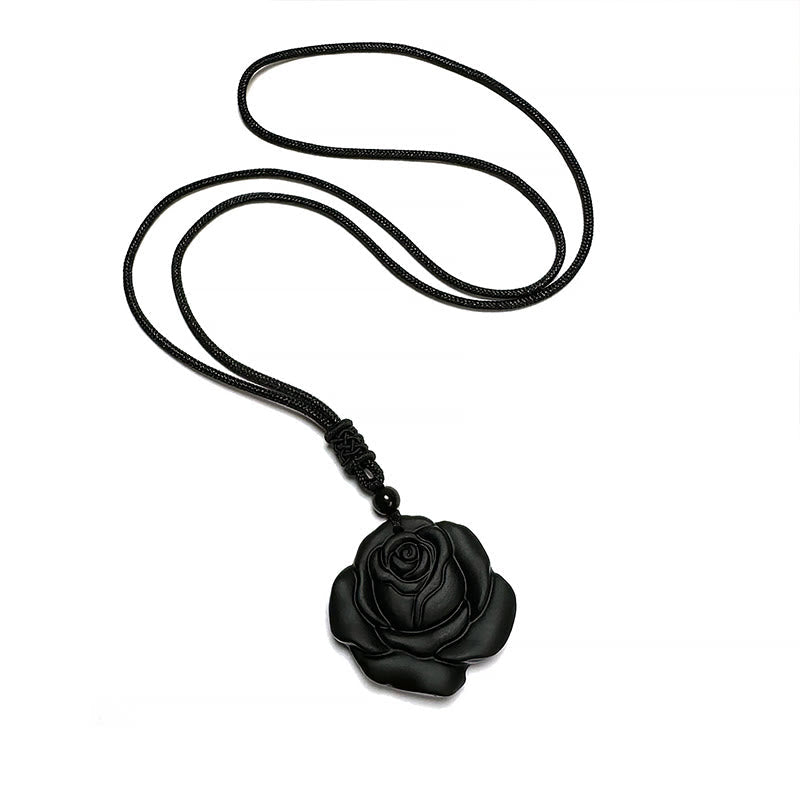 ATELIER-TIBET – Collier Pendentif Rose en Obsidienne Noire Naturelle