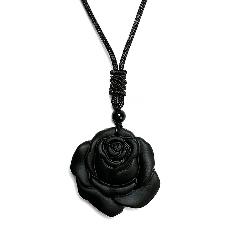 ATELIER-TIBET – Collier Pendentif Rose en Obsidienne Noire Naturelle