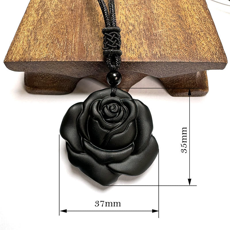 ATELIER-TIBET – Collier Pendentif Rose en Obsidienne Noire Naturelle