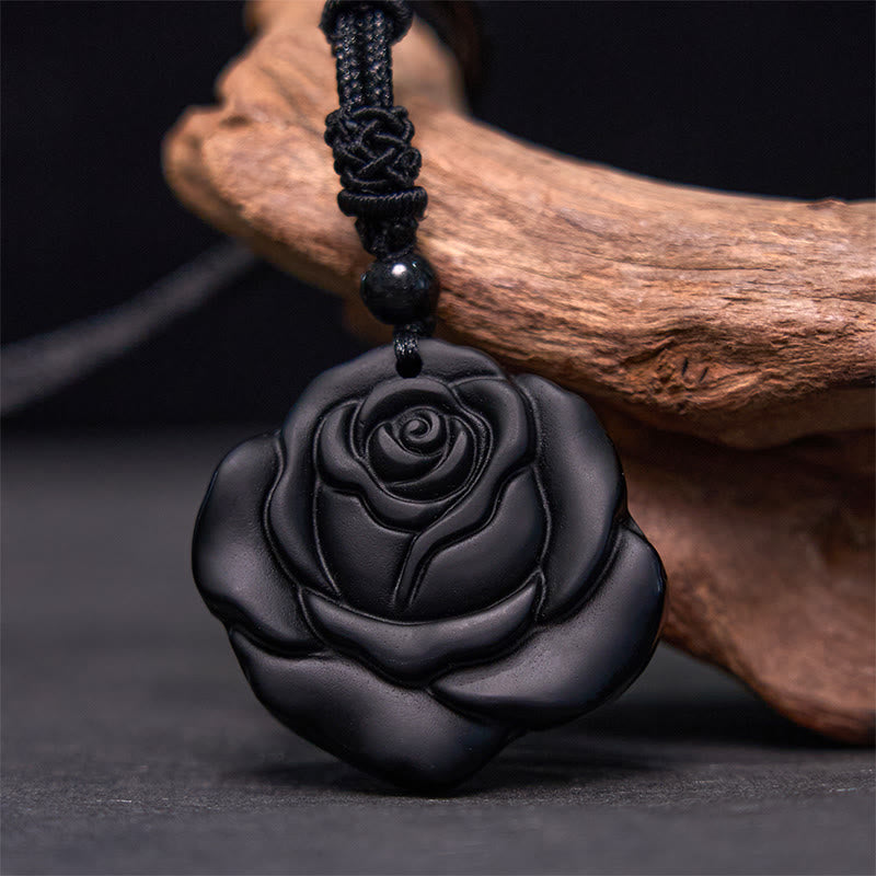 ATELIER-TIBET – Collier Pendentif Rose en Obsidienne Noire Naturelle