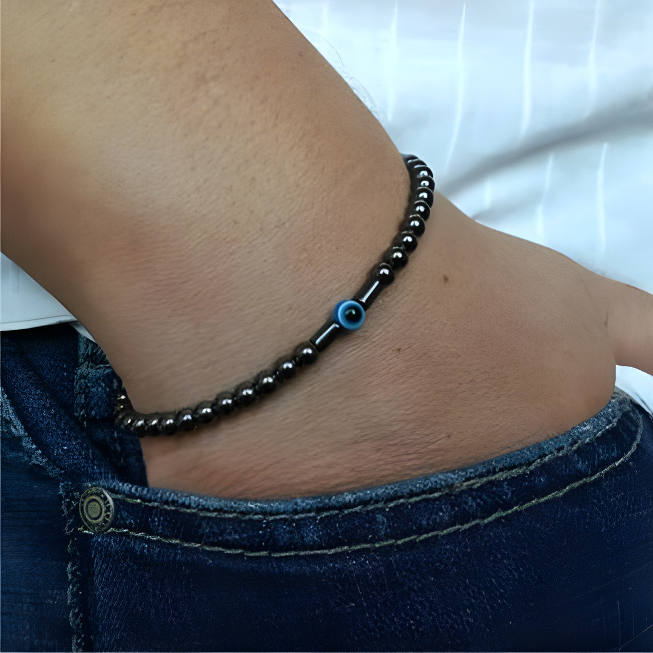 ATELIER-TIBET – Bracelet en Onyx Noir & Symbole du Mauvais Œil (Perles 4 mm)