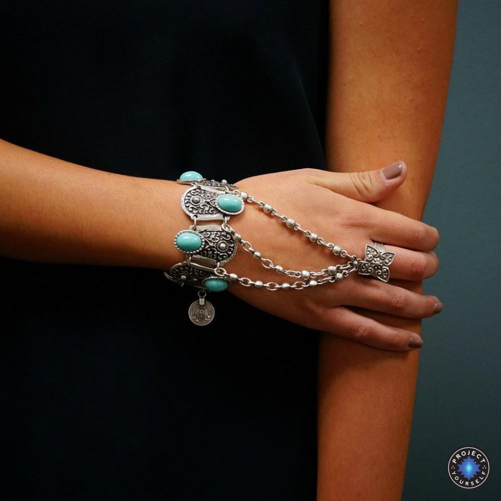 ATELIER-TIBET – Chaîne de Main Bohème en Argent Vintage avec Fleur & Pièce (Ajustable)