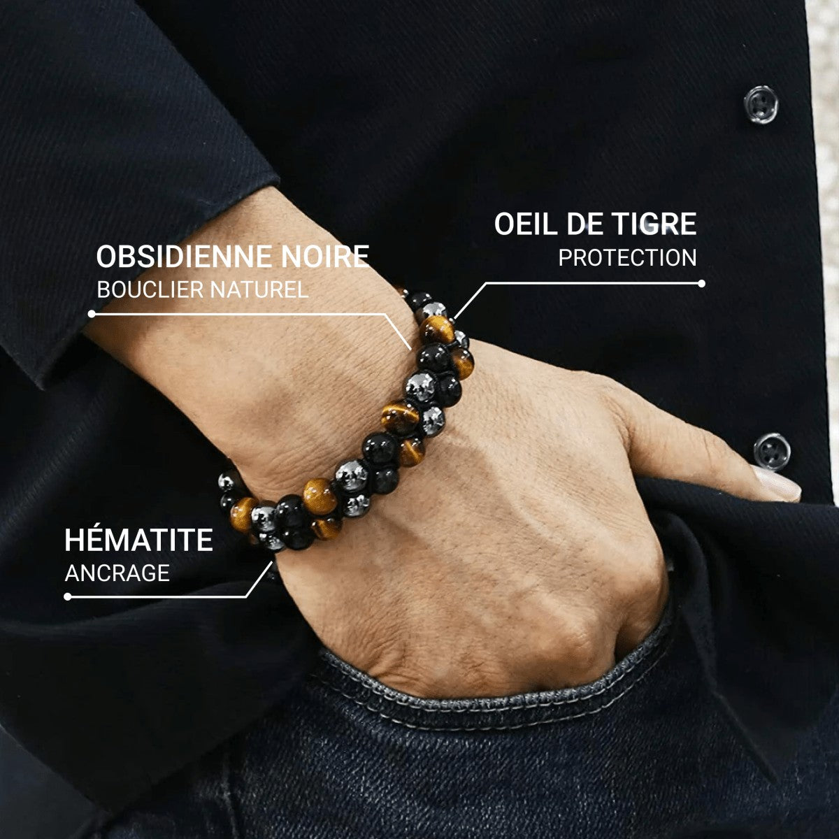ATELIER-TIBET – Bracelet Tressé Ajustable Triple Protections en Hématite, Oeil de Tigre & Obsidienne