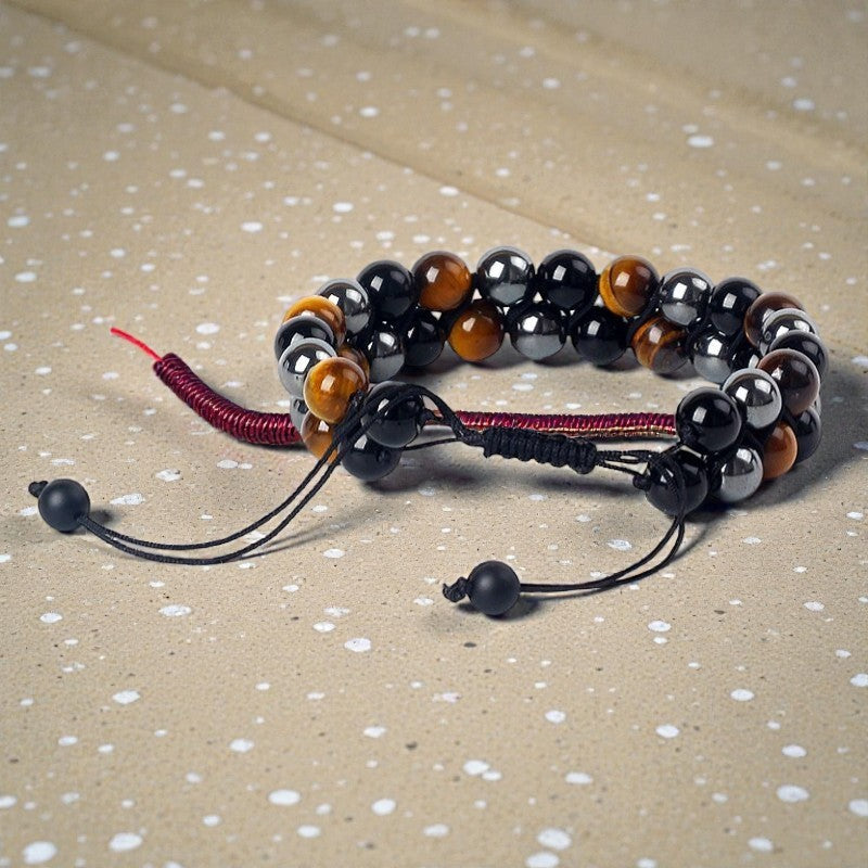 ATELIER-TIBET – Bracelet Tressé Ajustable Triple Protections en Hématite, Oeil de Tigre & Obsidienne
