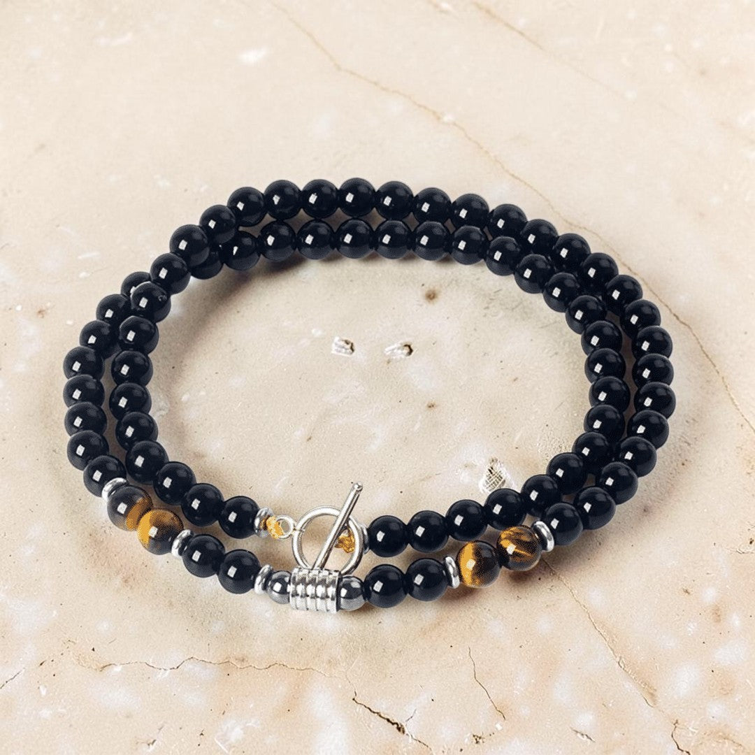 ATELIER-TIBET – Collier Bouclier de Sagesse en Obsidienne Noire & Oeil de Tigre