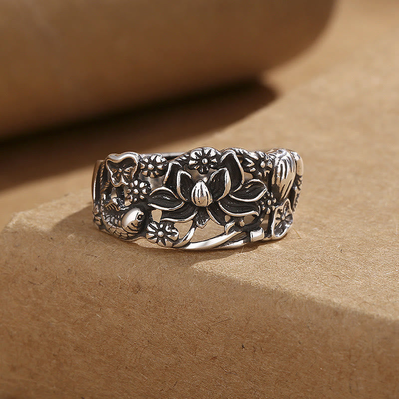 ATELIER-TIBET Bague Lotus & Carpe Koï en Cuivre – Persévérance & Renaissance