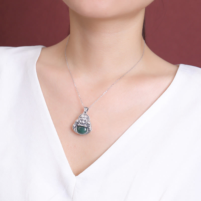 ATELIER-TIBET Collier Bouddha en Jade Cyan Naturel et Argent 999