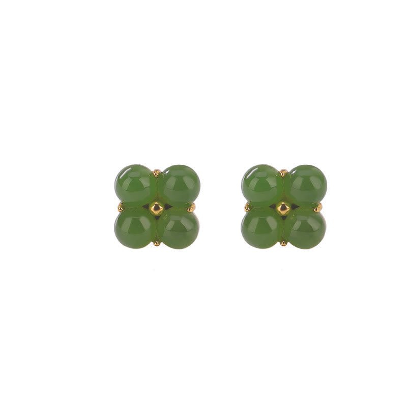 ATELIER-TIBET – Boucles d’Oreilles Clous Trèfle à Quatre Feuilles en Jade Cyan – 8 mm