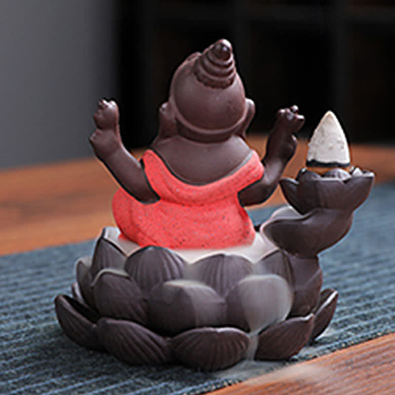 ATELIER-TIBET Brûleur d'encens à reflux en argile violette avec protection contre la fumée de l'éléphant Ganesh