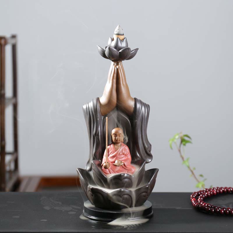 ATELIER-TIBET Brûleur d'encens à reflux en céramique Bouddha Avalokitesvara Chenrezig Ksitigarbha avec bénédiction du lotus