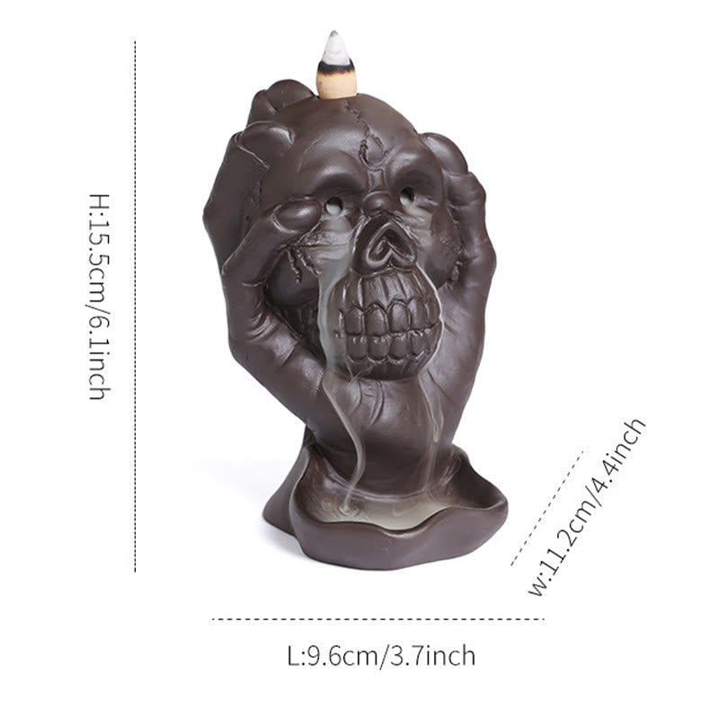 ATELIER-TIBET Brûleur d'encens spirituel en argile violette avec tête de mort et main fantôme en Buddha Stones