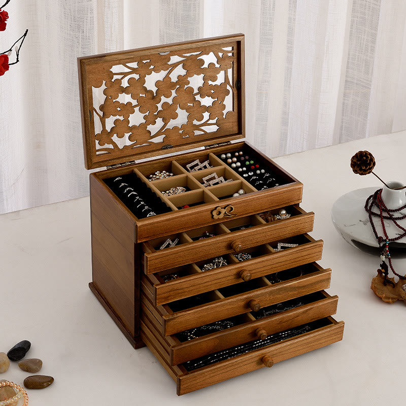 ATELIER-TIBET Boîte à bijoux en bois sculpté à six niveaux avec Buddha Stones et fleur de prunier vintage
