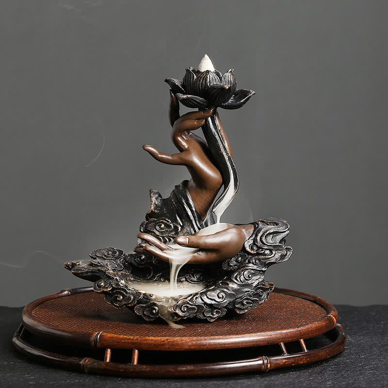 ATELIER-TIBET Brûleur d'encens à reflux en résine avec Buddha Stones et main de Bouddha, motif de nuages propices, méditation