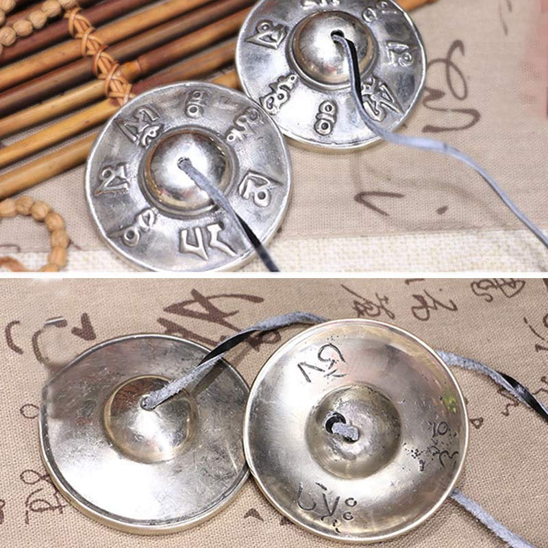 ATELIER-TIBET Cloches Tingsha Tibétaines en Cuivre Blanc – Six Mots Véritables et Symboles Auspicieux