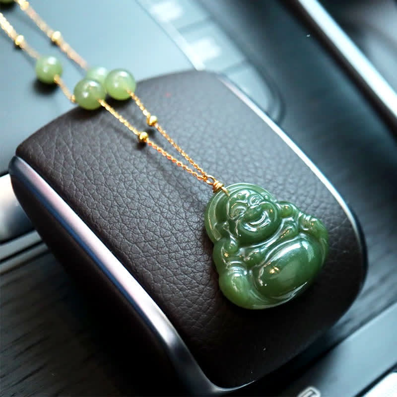 ATELIER-TIBET Collier Chance en Jade Hetian & Bouddha Rieur – 70 cm