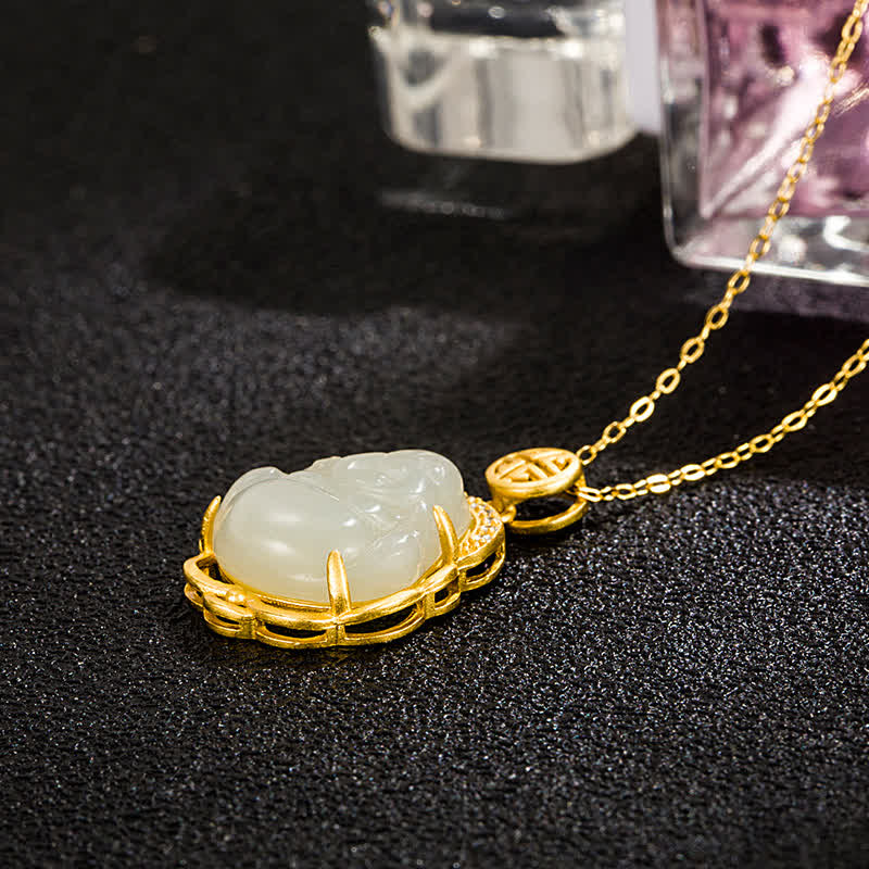 ATELIER-TIBET Collier Bouddha en Jade Blanc Hetian & Argent 925 – 40+5 cm