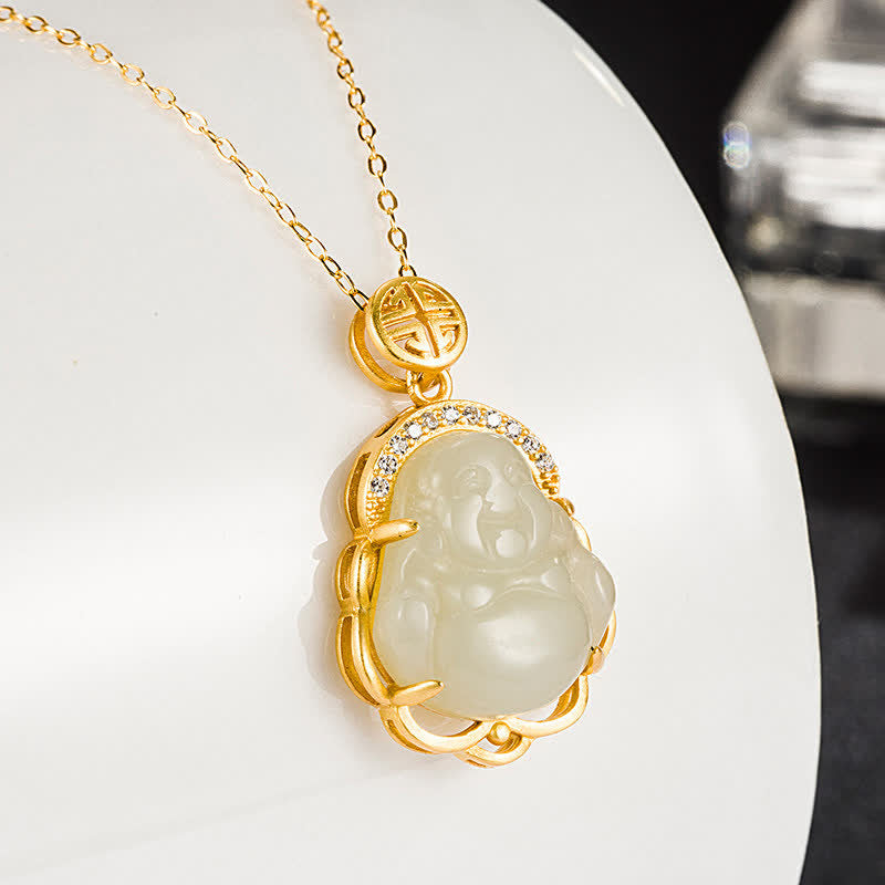 ATELIER-TIBET Collier Bouddha en Jade Blanc Hetian & Argent 925 – 40+5 cm