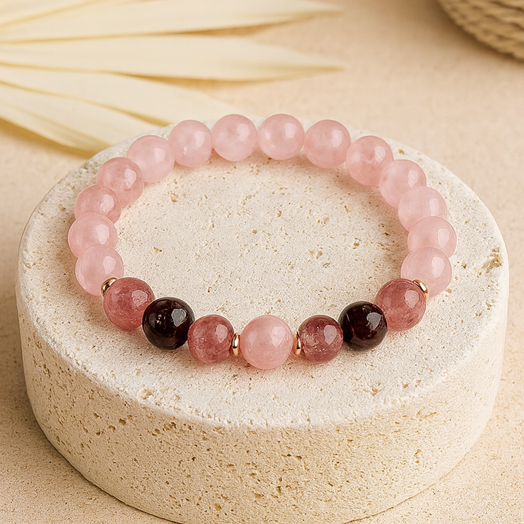 ATELIER-TIBET – Bracelet Amour Infini en Quartz Rose, Grenat & Quartz Fraise