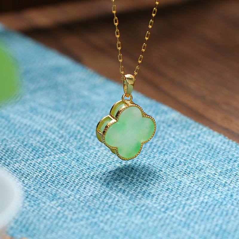 ATELIER-TIBET – Collier Porte-Bonheur en Jade Naturel Trèfle à Quatre Feuilles