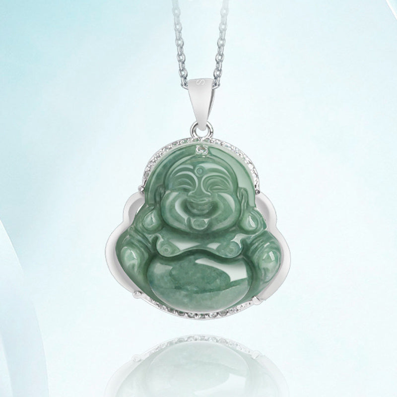 ATELIER-TIBET Collier Bouddha Rieur en Jade & Argent 925 – 45 cm