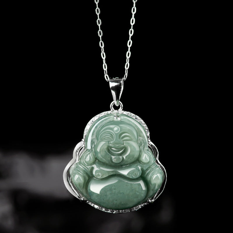 ATELIER-TIBET Collier Bouddha Rieur en Jade & Argent 925 – 45 cm