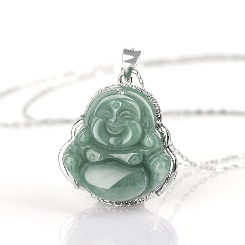 ATELIER-TIBET Collier Bouddha Rieur en Jade & Argent 925 – 45 cm