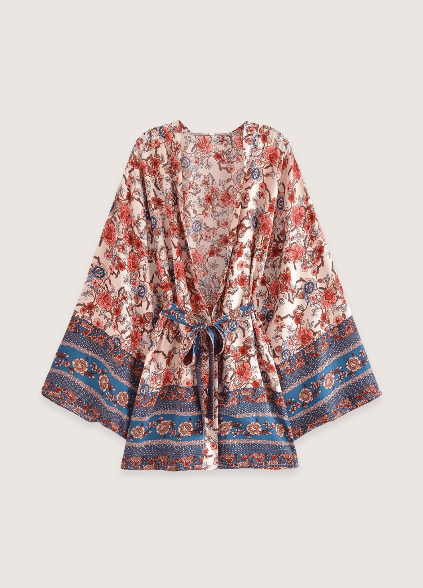 Kimono court femme motif pivoine abricot