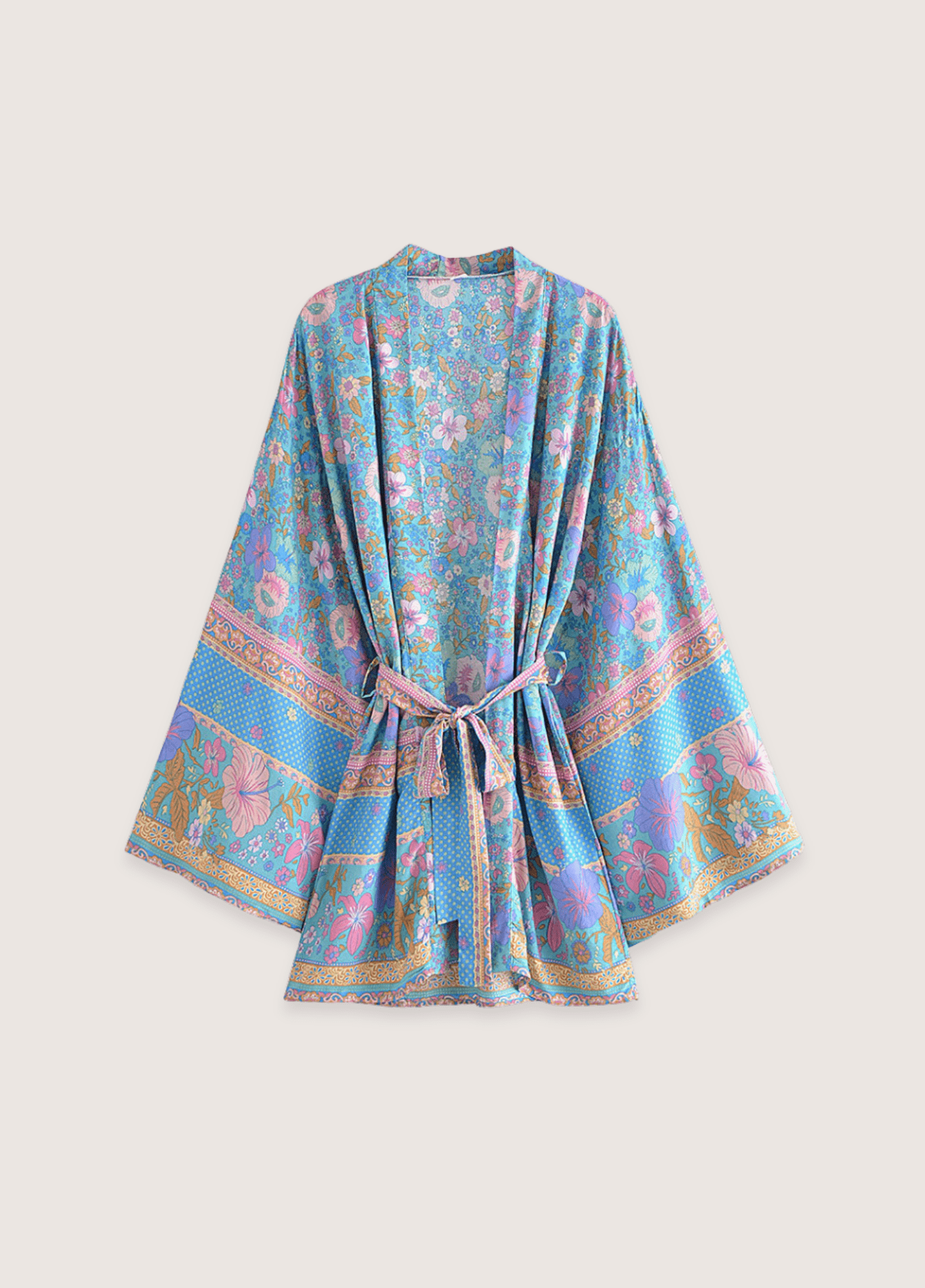Kimono court femme coton floral bleu