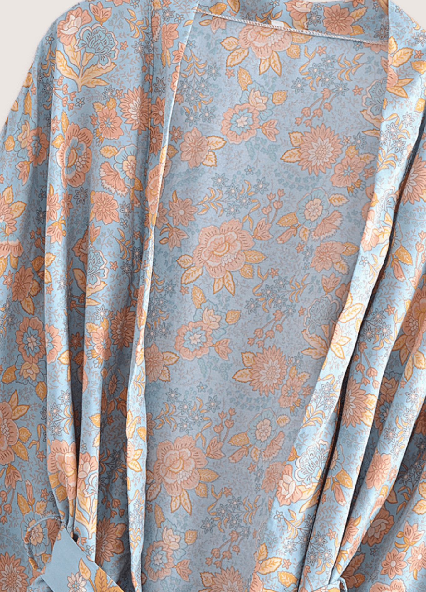 Kimono court femme coton floral bleu-gris