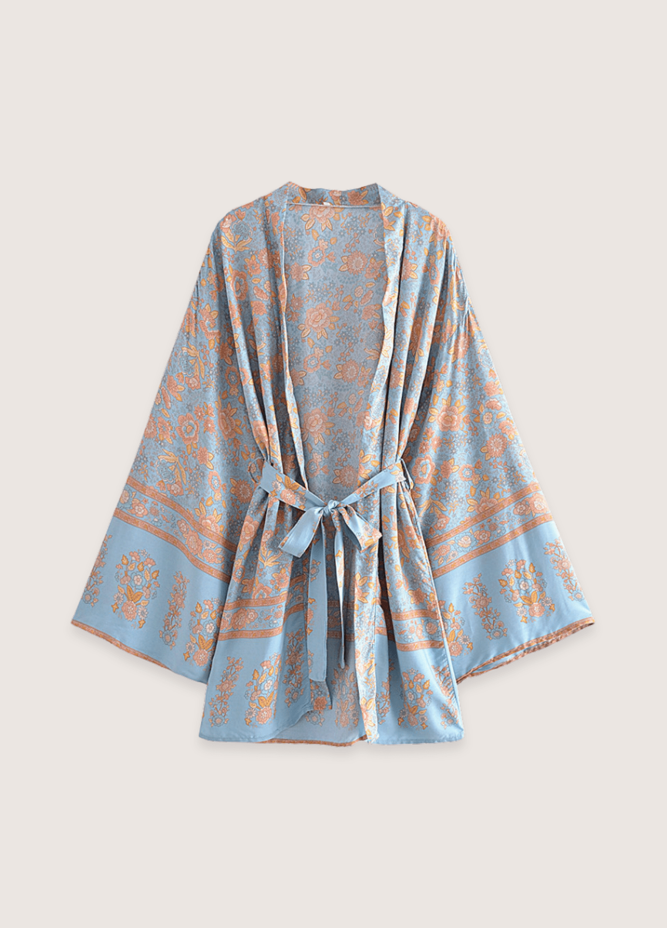 Kimono court femme coton floral bleu-gris