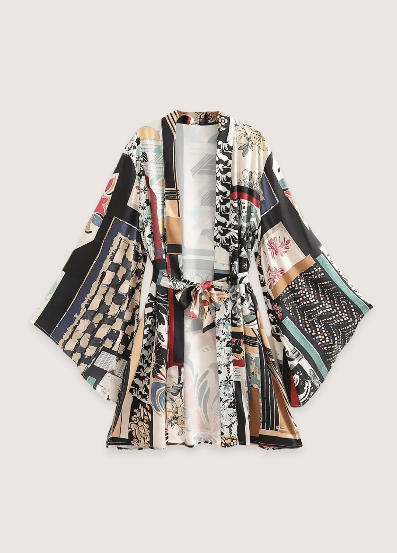 Kimono court femme soie motif pivoine multi – Kintsugi