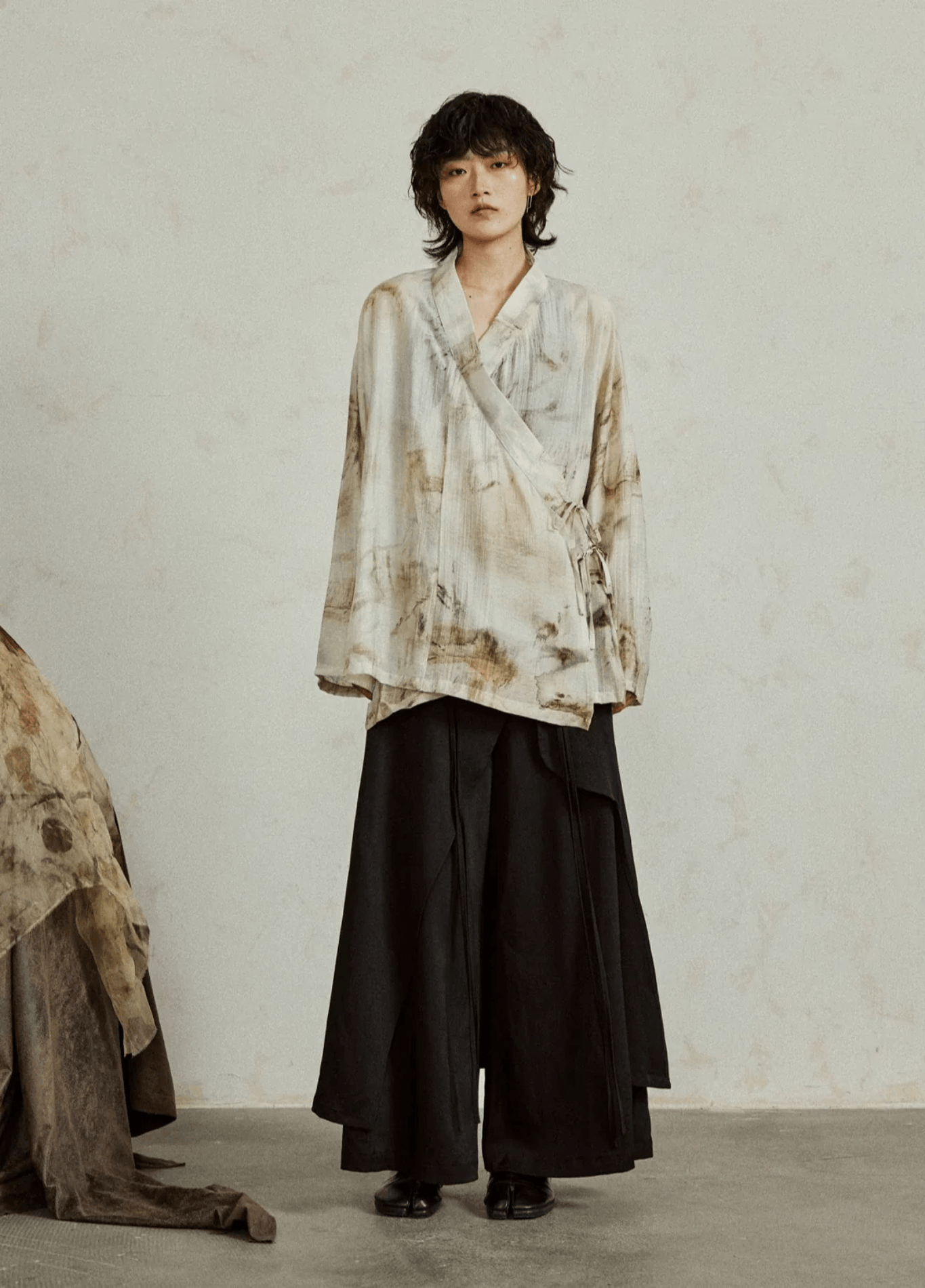 Kimono court femme gaze imprimé encre beige – Sumi-e