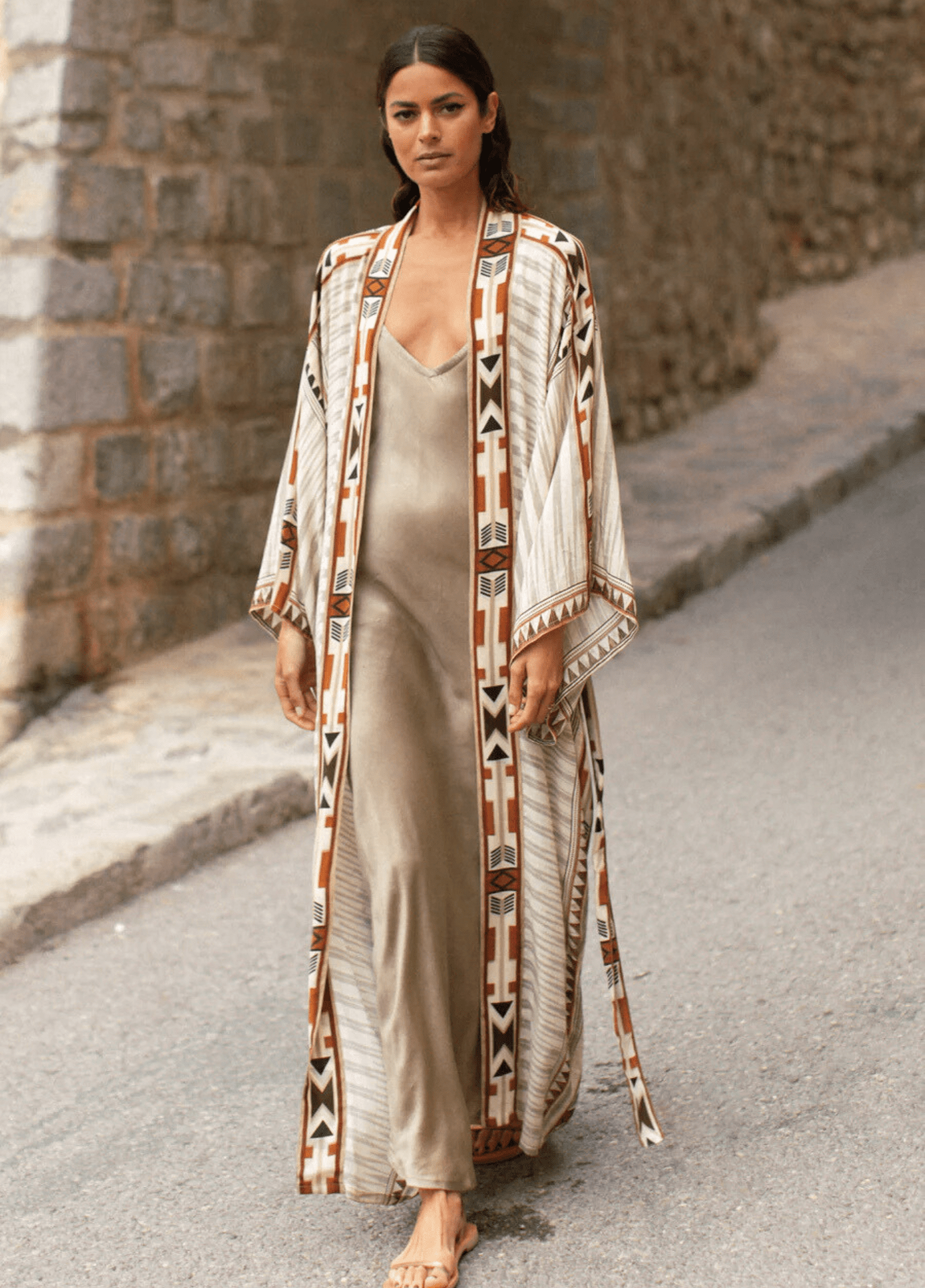 Kimono long femme coton motif montagne beige