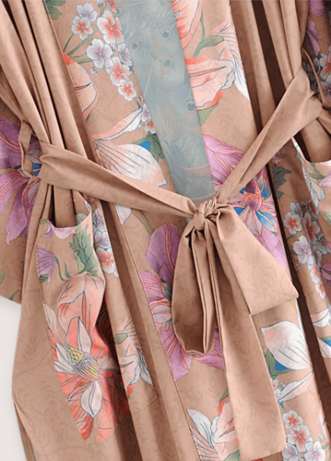 Kimono long femme coton motif pivoine beige rosé