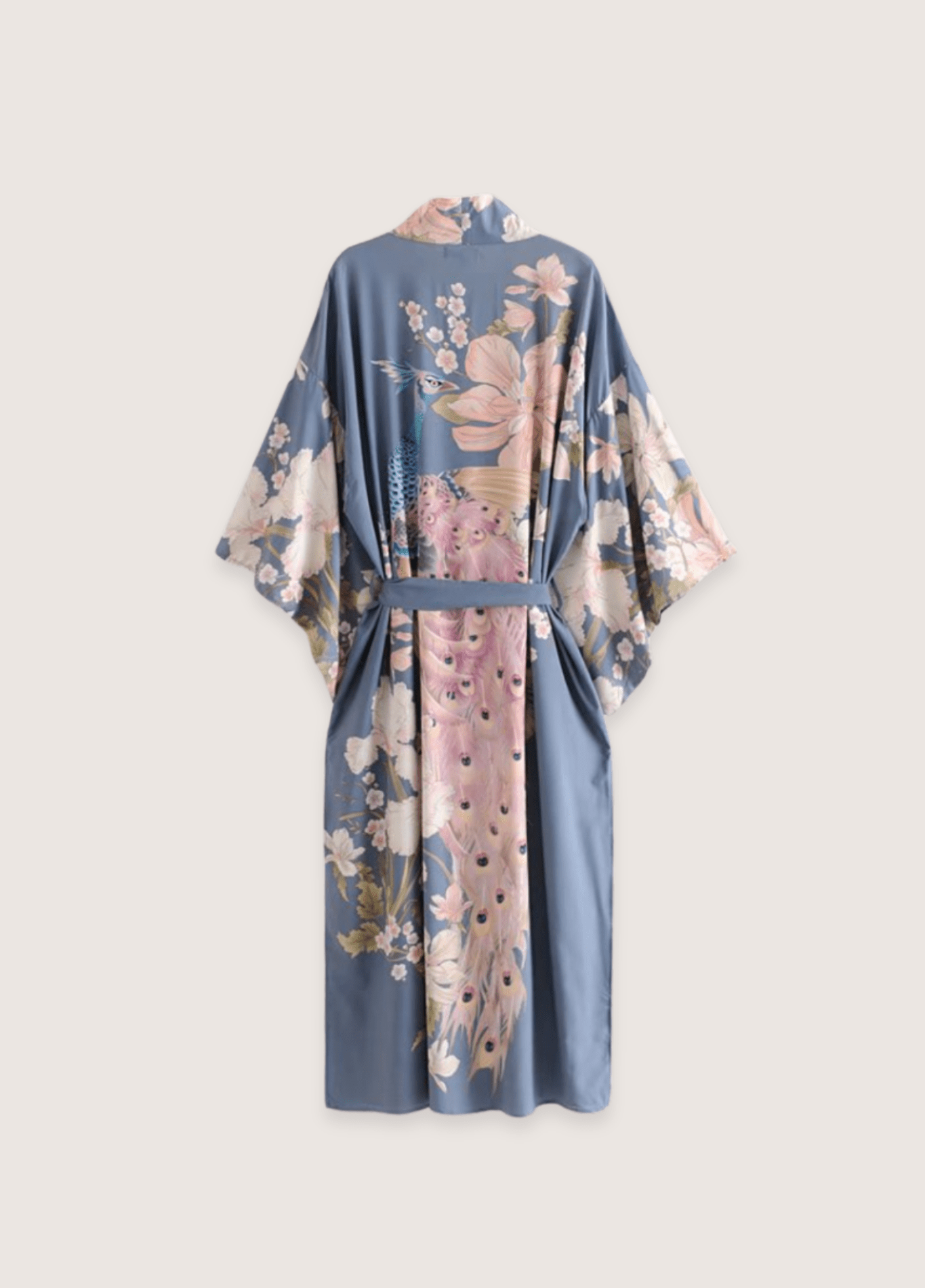 Kimono long femme satiné motif cerisier bleu