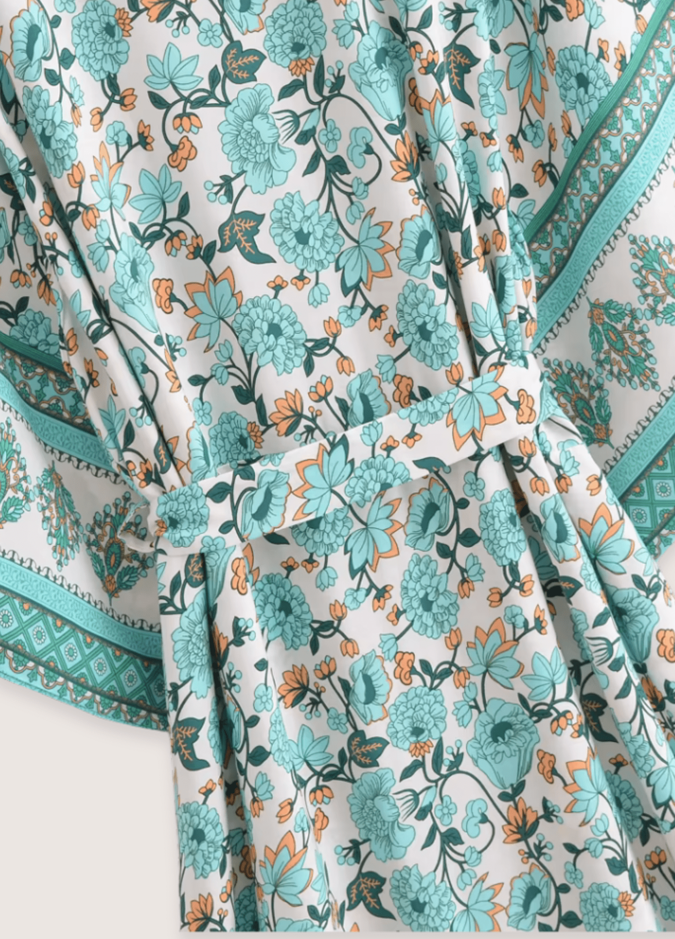 Kimono long femme viscose motif pivoine vert menthe – Calanque Bleue