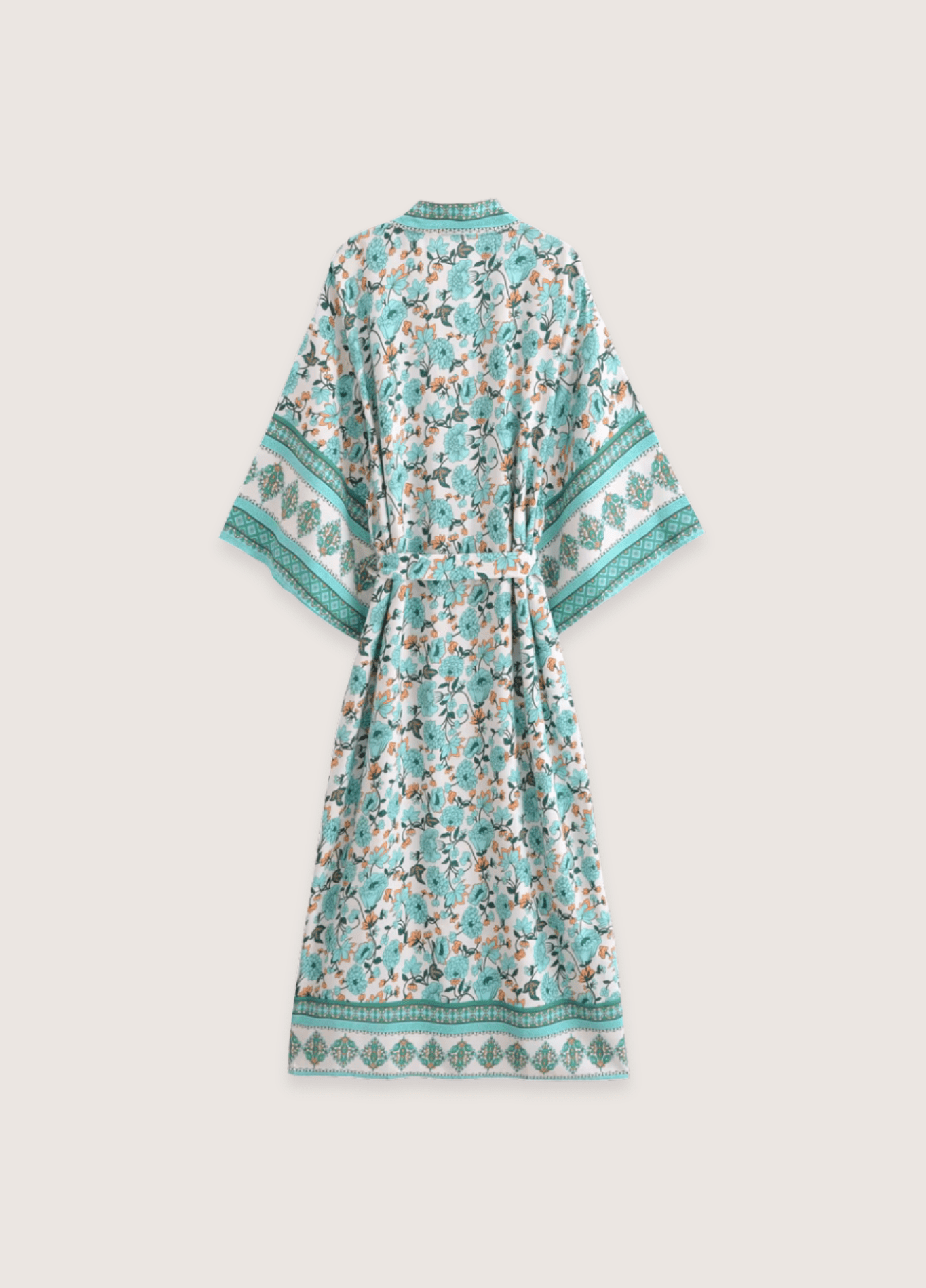 Kimono long femme viscose motif pivoine vert menthe – Calanque Bleue