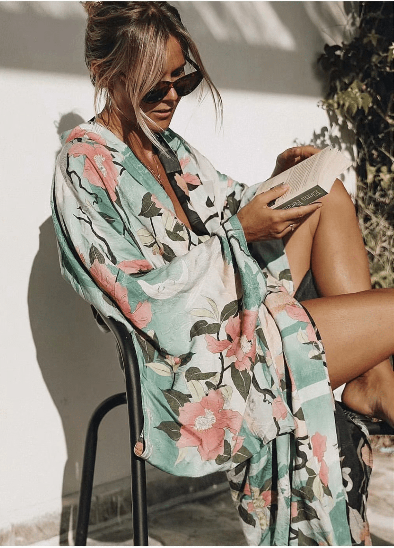 Kimono long femme coton motif cerisier vert – Évasion Tropicale