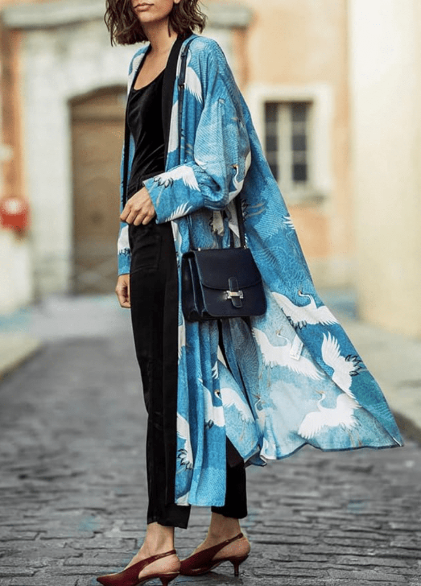 Kimono long femme viscose motif grue bleu – Grues Célestes