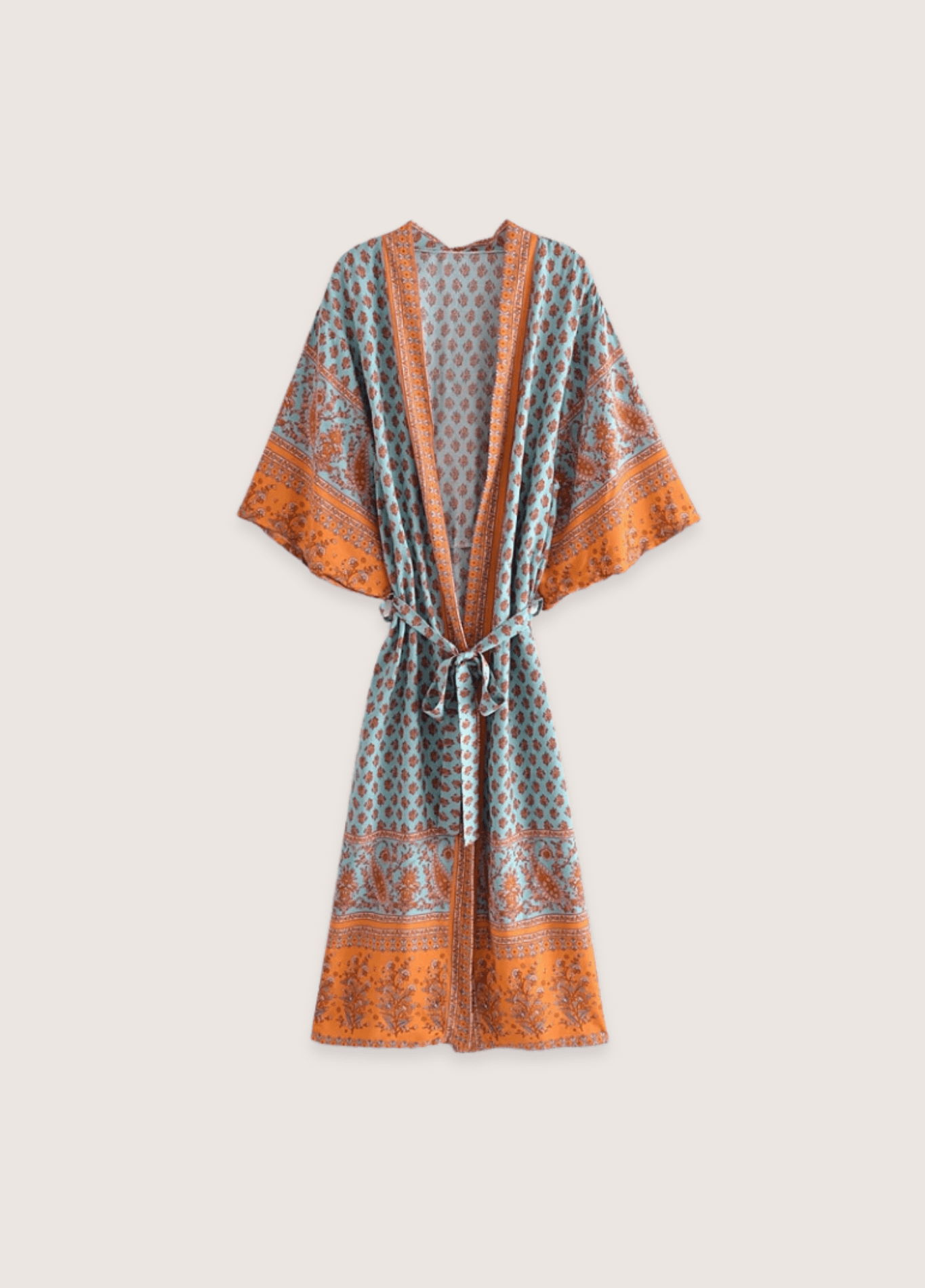 Kimono long femme coton floral turquoise – Daisy Bohème