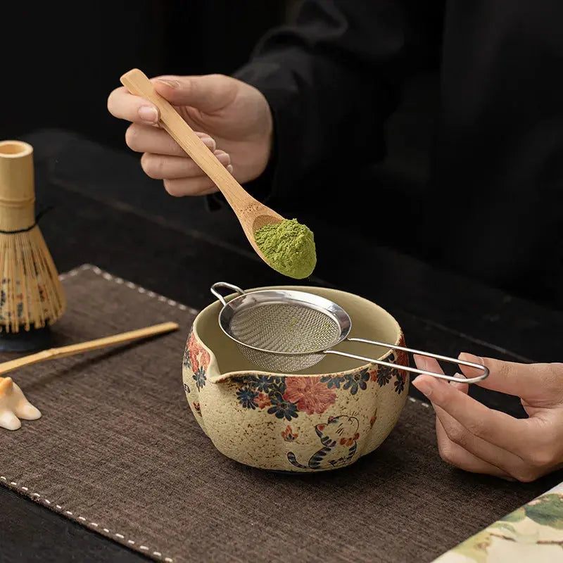 Coffret Matcha Japonais – Bol Fleuri Céramique & Bambou