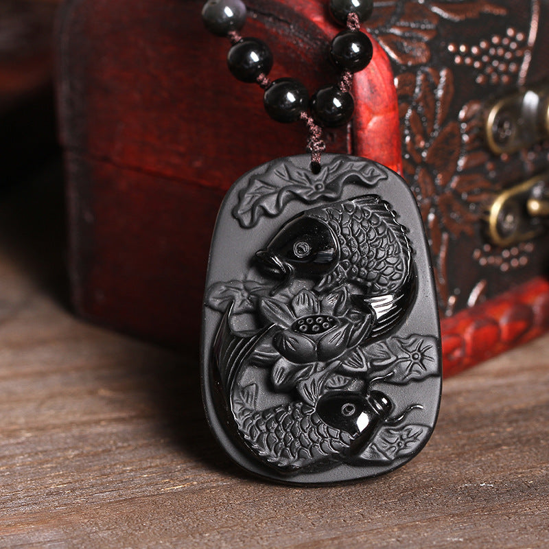 ATELIER-TIBET – Collier Lotus & Carpe Koï en Obsidienne Noire Naturelle